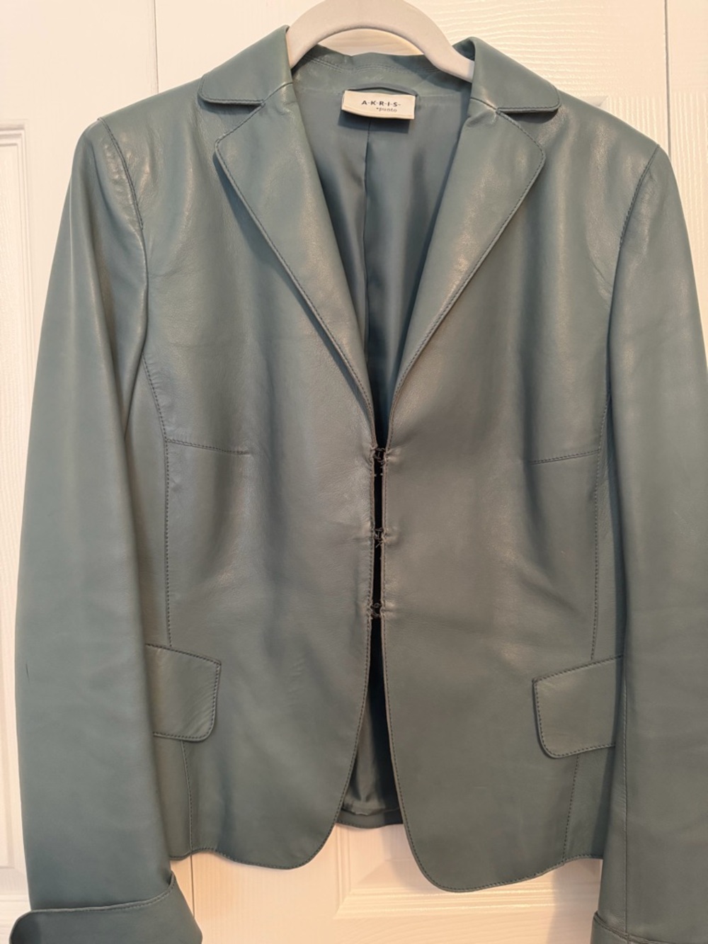 Akris Punto Leather Blazer in Soft Teal Blue